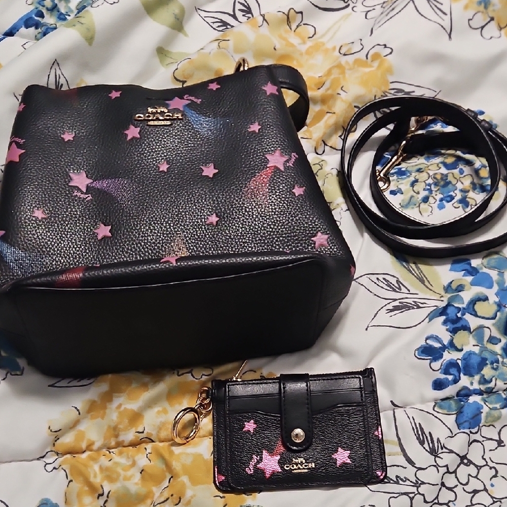Coach Black Pink Star Set With Card Holder Wallet